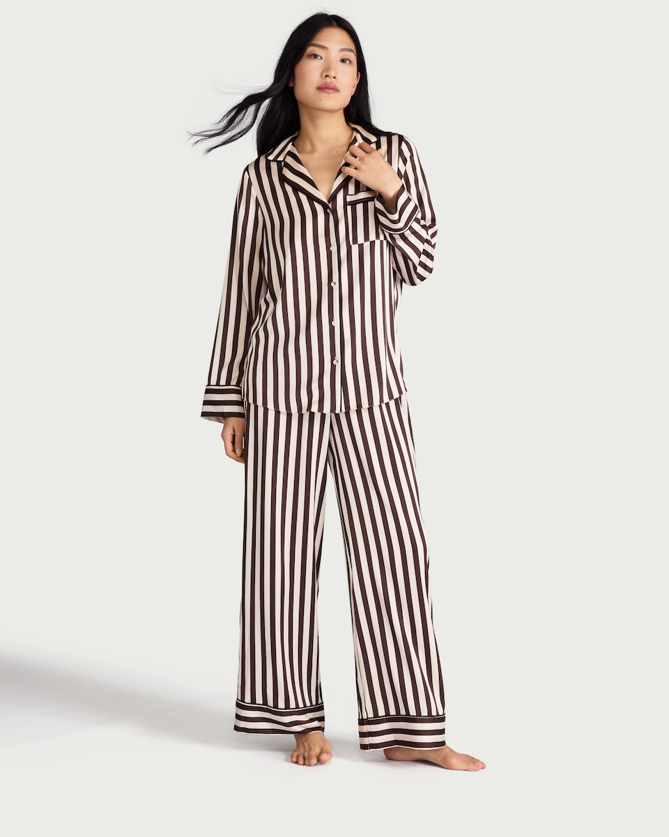 image 1 of F&F 2-Piece CoolEase™ Satin Striped Revere Pyjama Set in Multi Brown