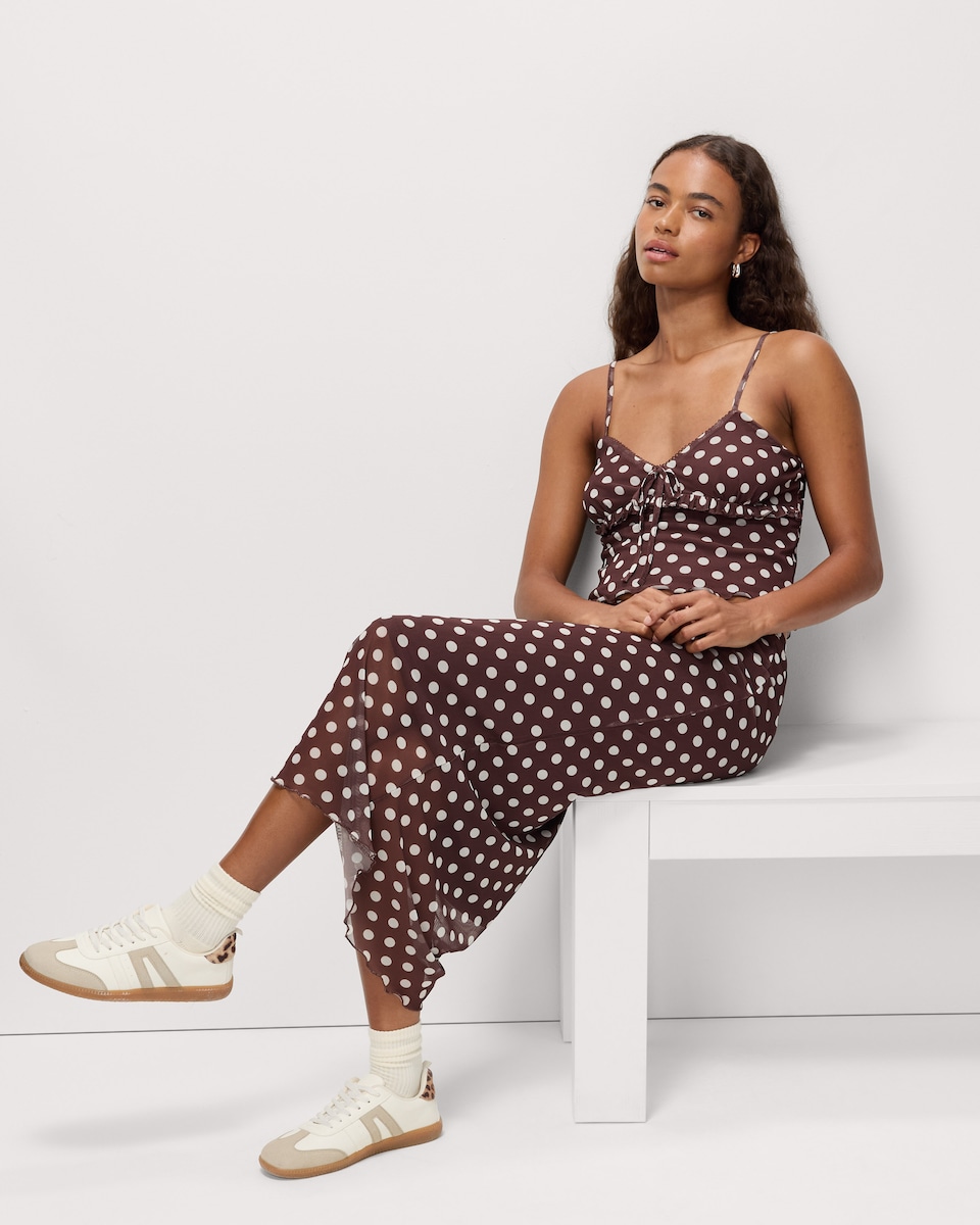 image 1 of OH ME OH MY Mesh Polka Dot Vest in Chocolate