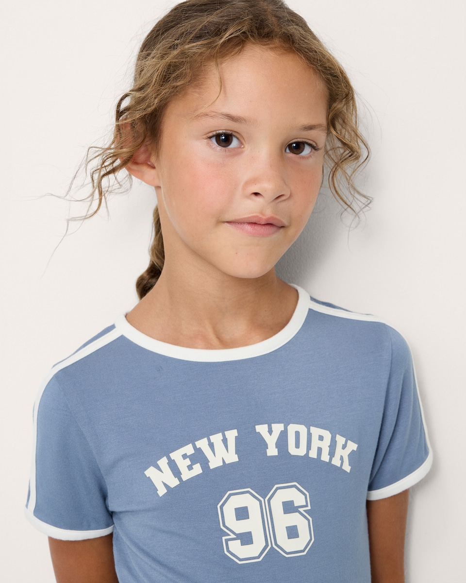 image 1 of F&F Active Girls 2-Piece New York Tipped T-Shirt and Leggings Set in Blue