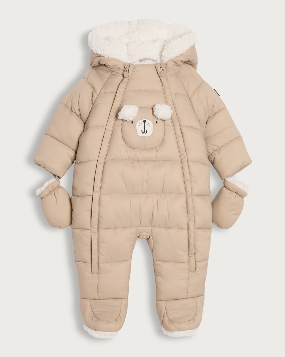 image 1 of F&F Baby Borg Bear Face Shower Resistant Snowsuit in Tan