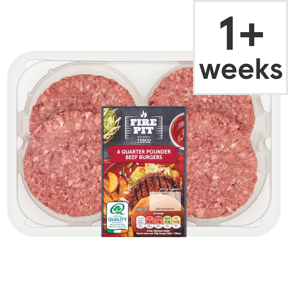 Tesco Fire Pit 4 Quarter Pounder Beef Burgers 454G