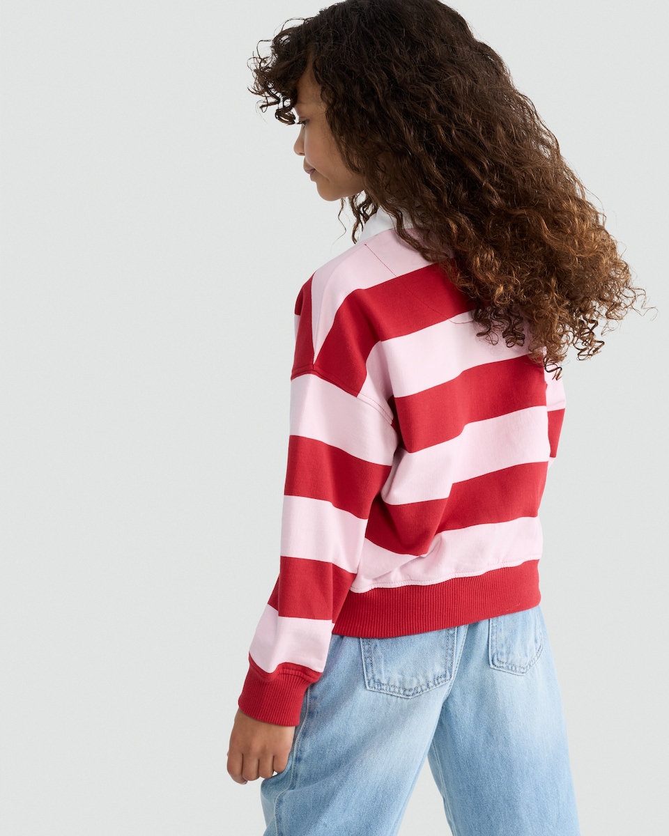 image 1 of F&F Girls Pure Cotton Stripe Print Collared Rugby Shirt in Pink