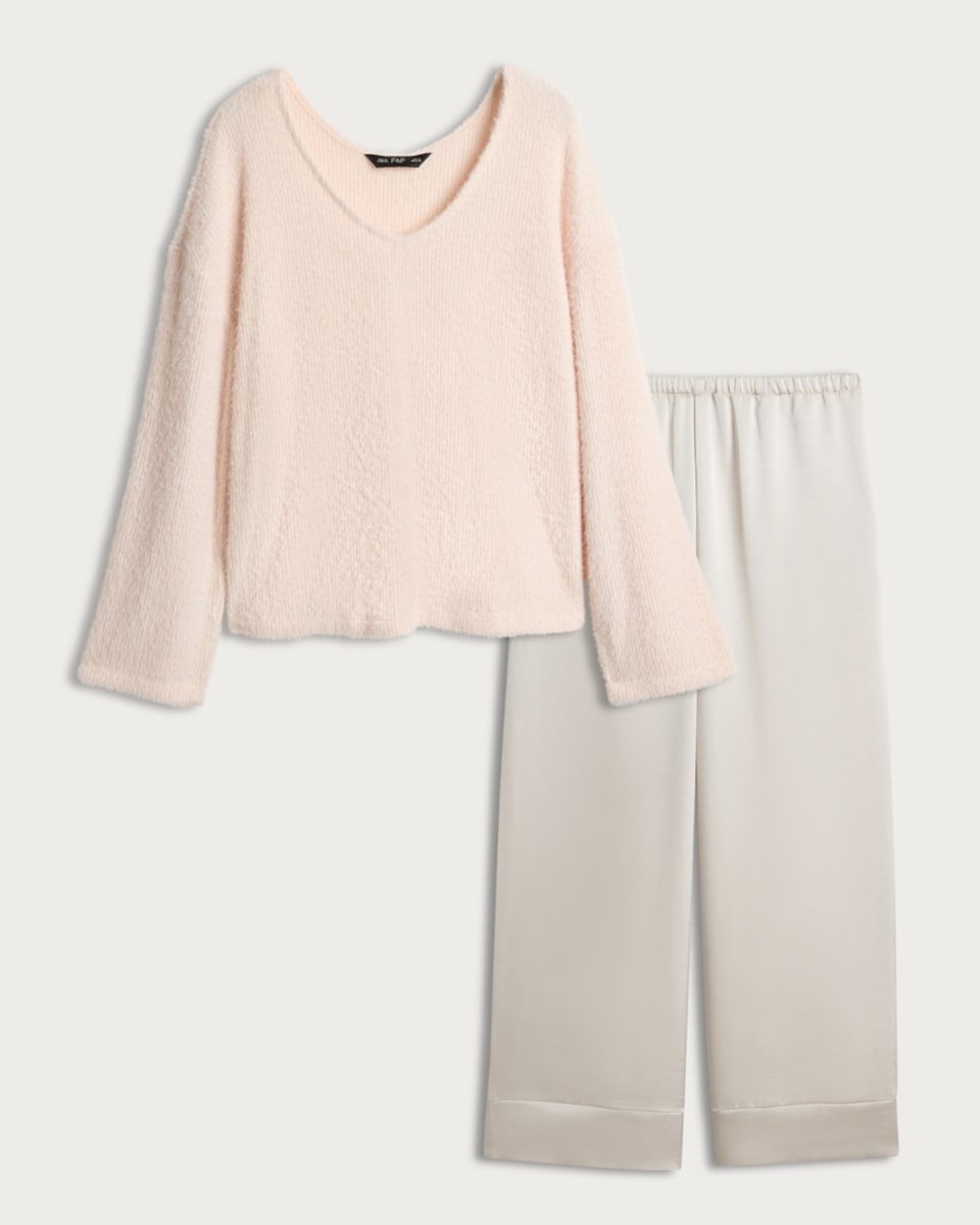 image 1 of F&F Textured Jumper and Satin Bottoms Pyjama Set in Cream
