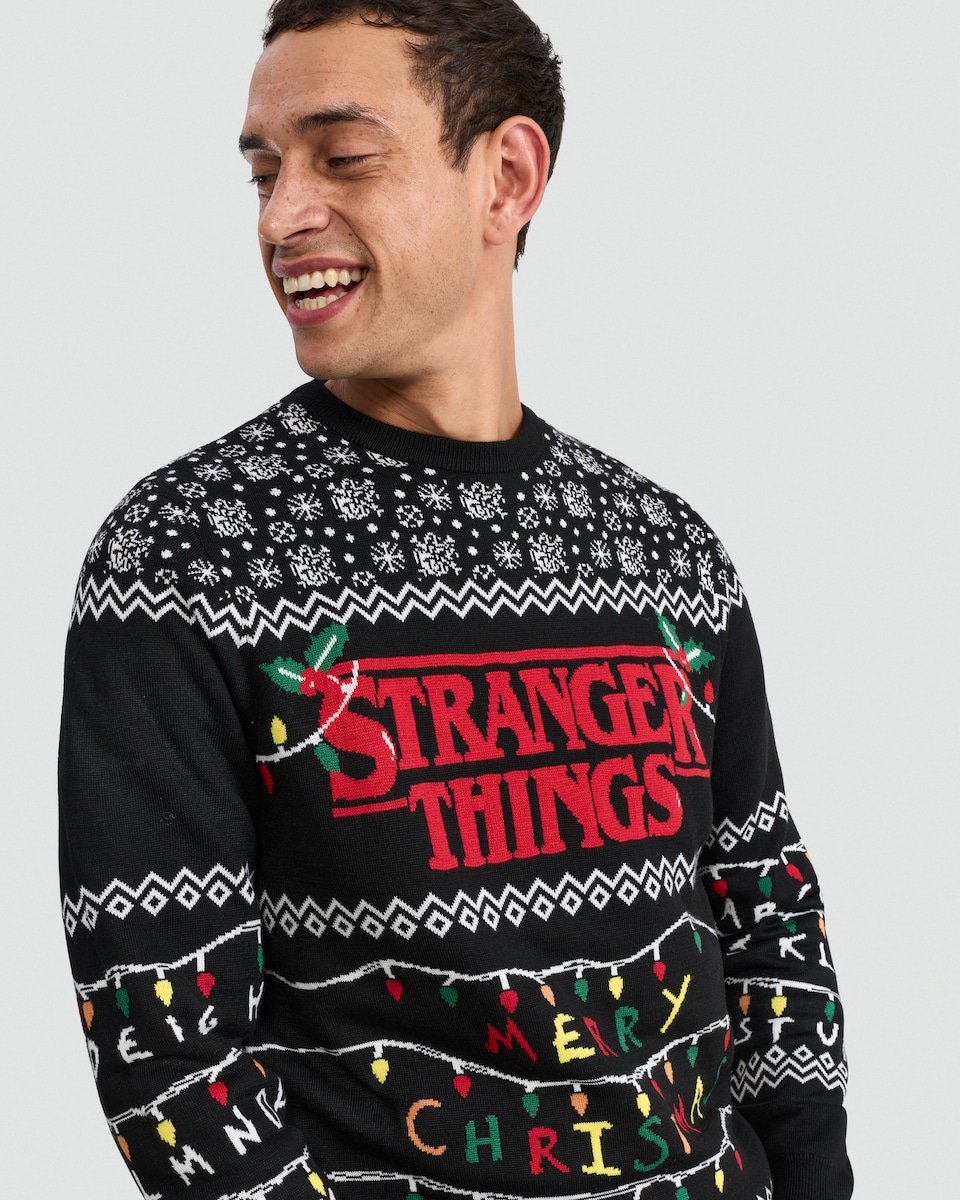 image 1 of Stranger Things Knitted Christmas Jumper in Black