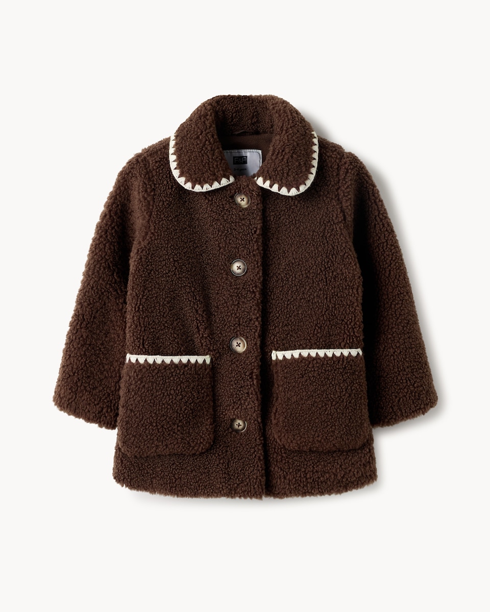 image 1 of F&F Girls Borg Button Up Coat in Brown