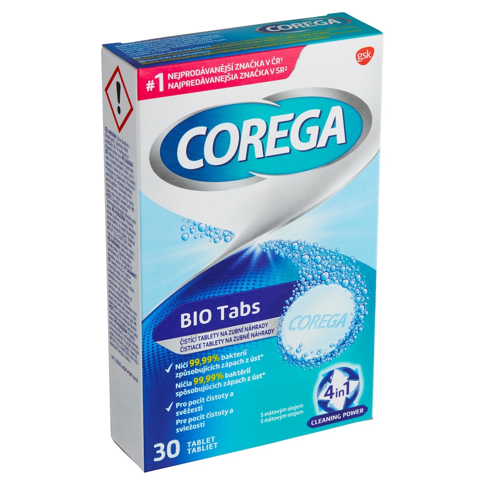 Obrázek 1 pro produkt Corega Bio Tabs čisticí tablety 4v1 na zubní náhrady, 30 ks
