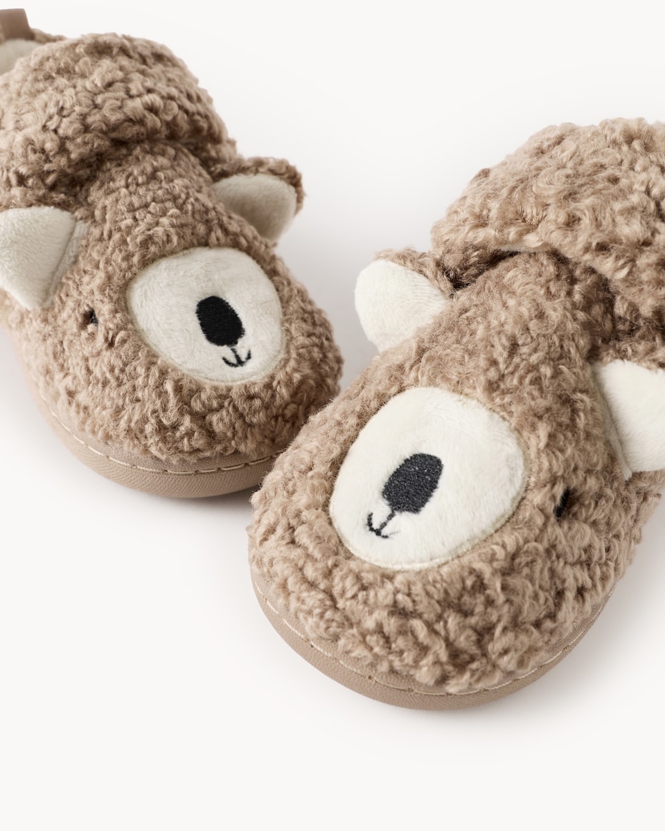 image 1 of F&F Unisex Borg Teddy Bear Cupsole Slippers in Neutral