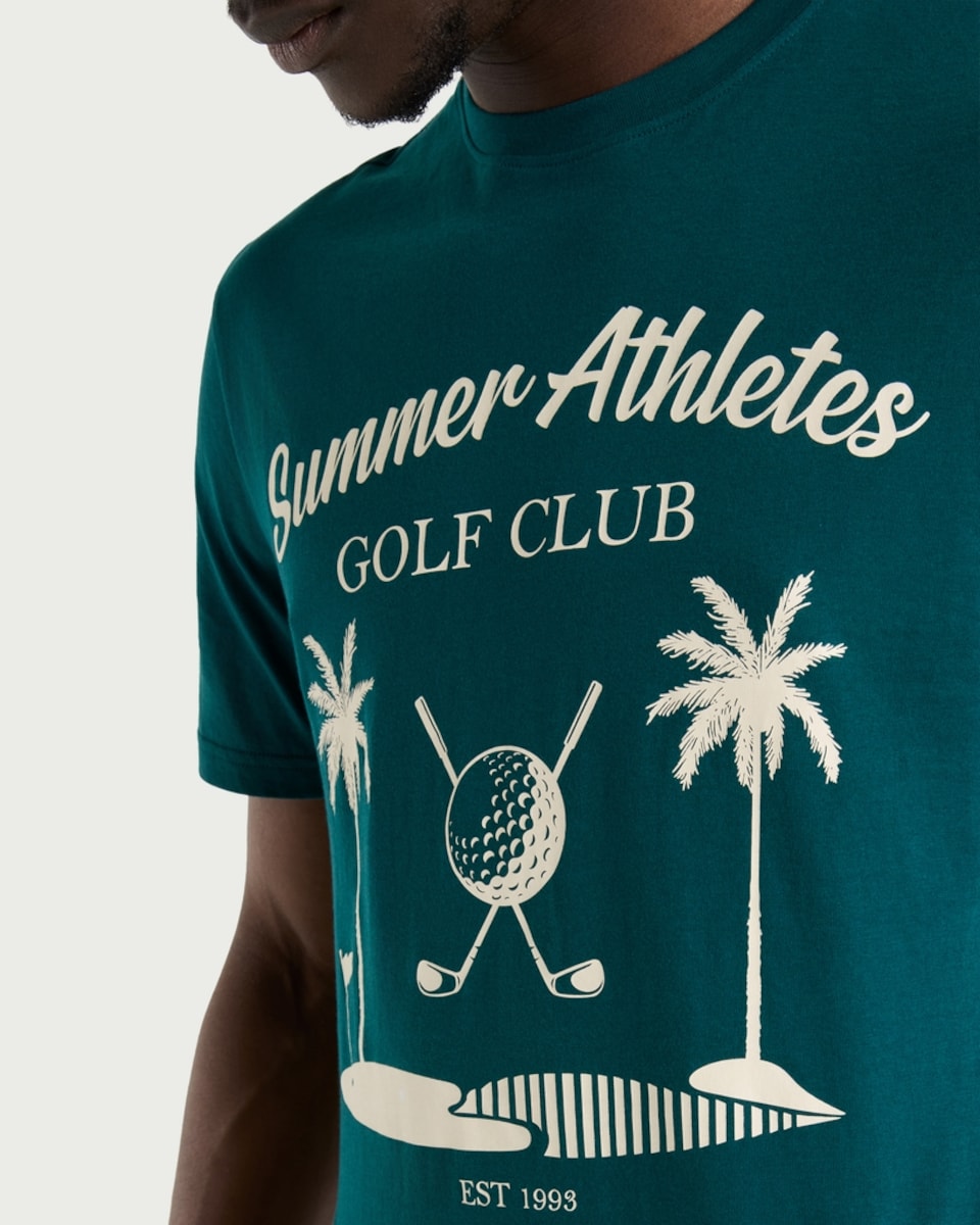 image 1 of F&F Pure Cotton Summer Athletes Golf Club Slogan T-Shirt in Green