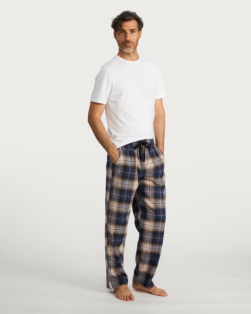 image 1 of F&F Pure Cotton Check Print Drawstring Pyjama Bottoms in Navy