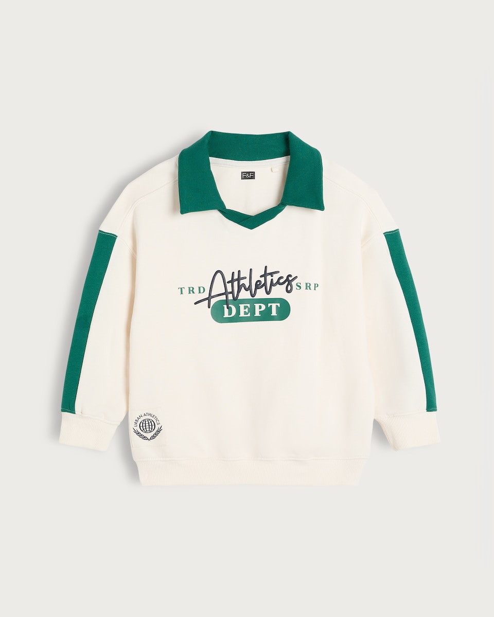 image 1 of F&F Boys Cotton Rich Athletics Dept Slogan Rugby Sweatshirt in Cream