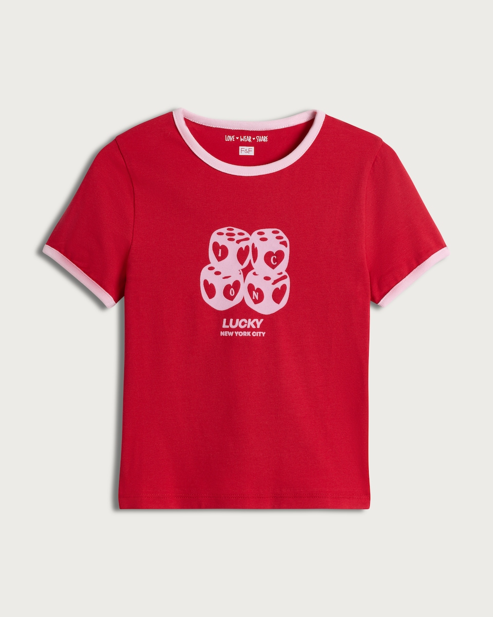 image 1 of F&F Girls Cotton Rich Lucky Dice Print T-Shirt in Red