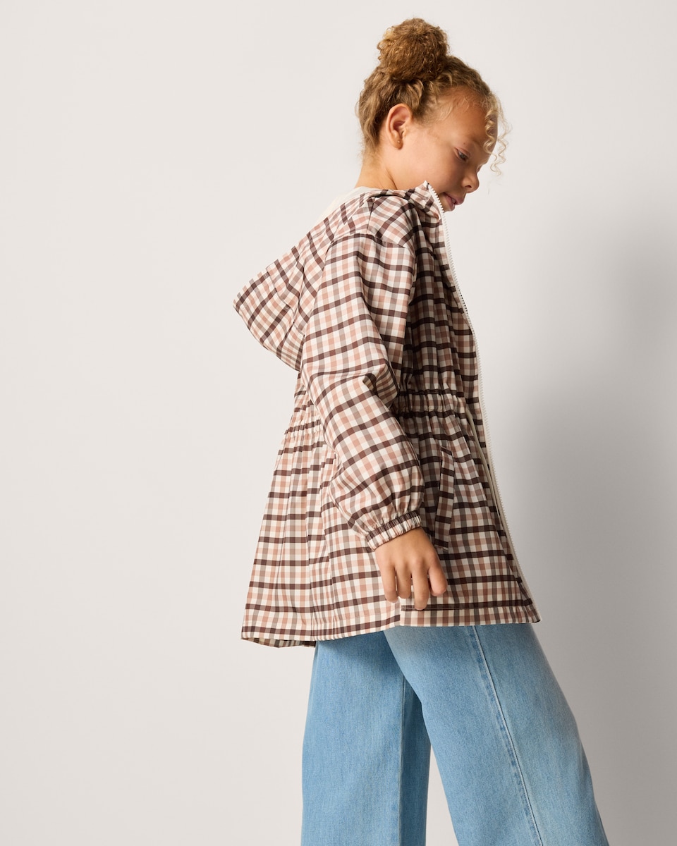 image 1 of F&F Girls Checked Hooded Raincoat in Brown