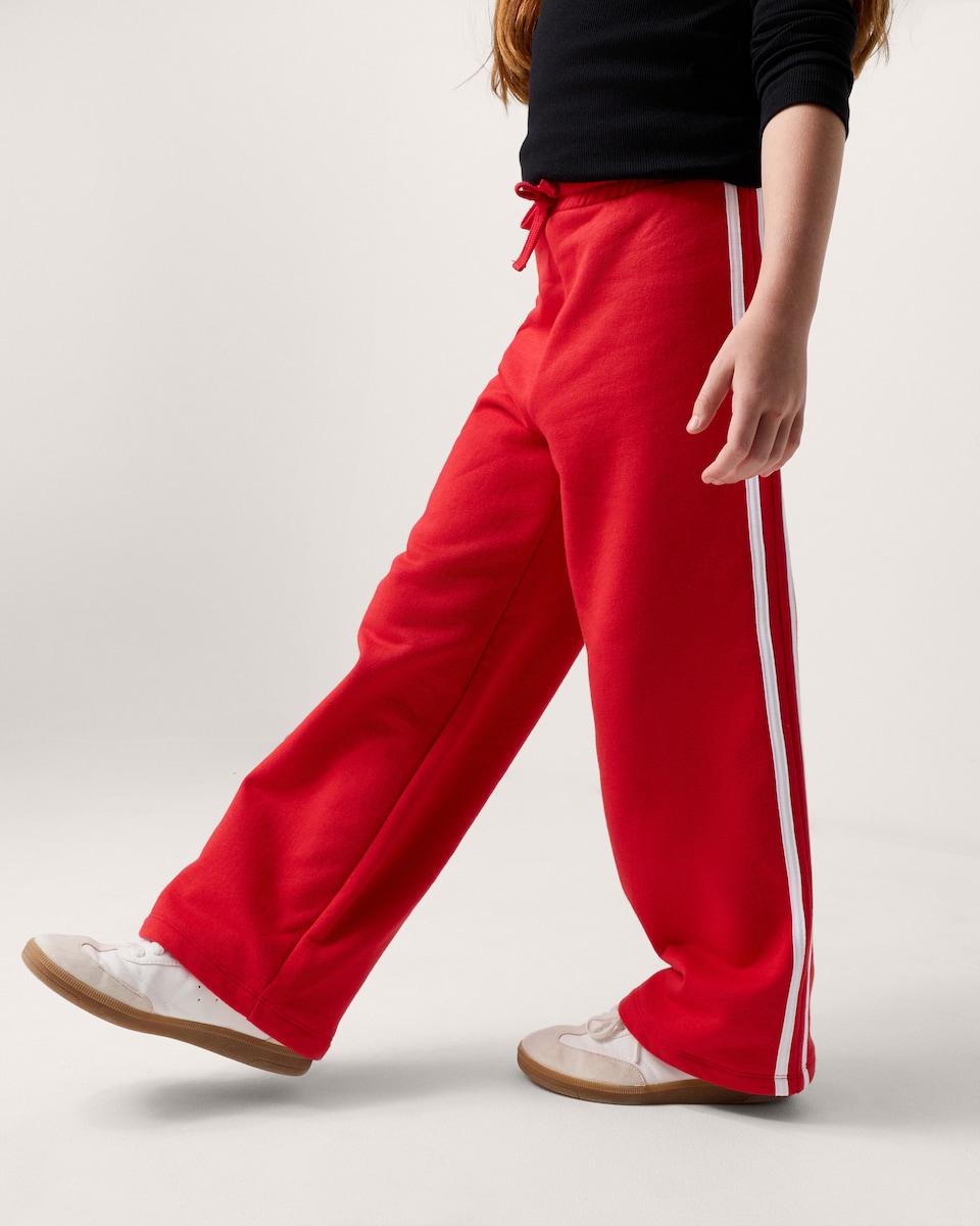 image 1 of F&F Girls Cotton Rich Side Stripe Wide Leg Joggers in Red