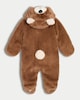 image 2 of F&F Baby Fleece Bear Detail Hooded All-In-One in Brown