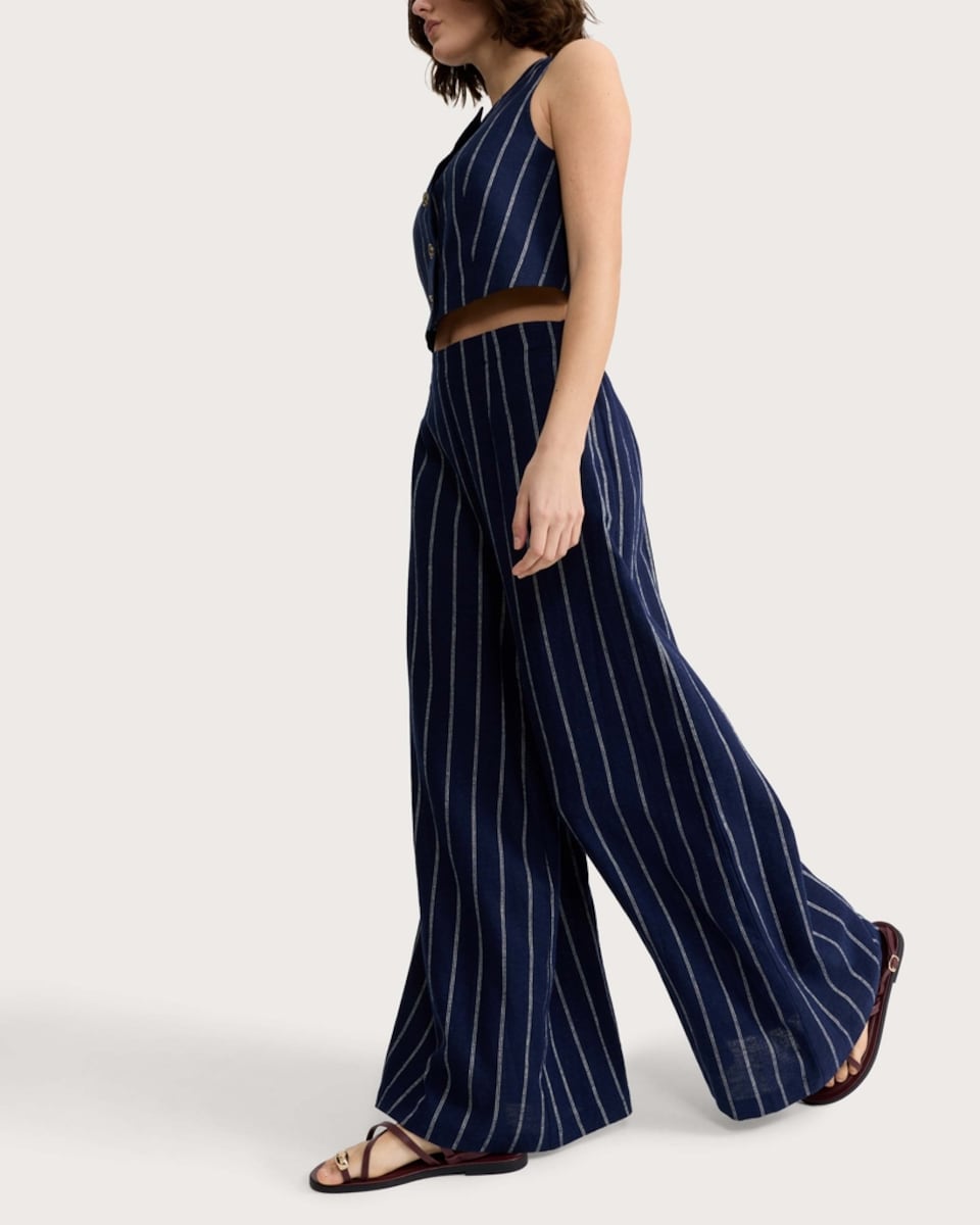 image 1 of The F&F Edit Linen Rich Stripe Super Wide Leg Trousers in Navy
