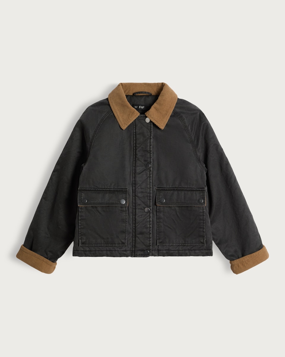 image 1 of F&F Girls Corduroy Collar Waxed Jacket in Black