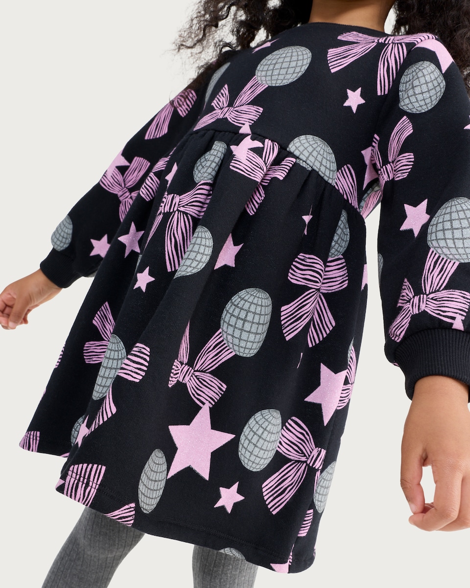 image 1 of F&F Girls Cotton Rich Disco Ball Bow Print Sweat Dress in Black