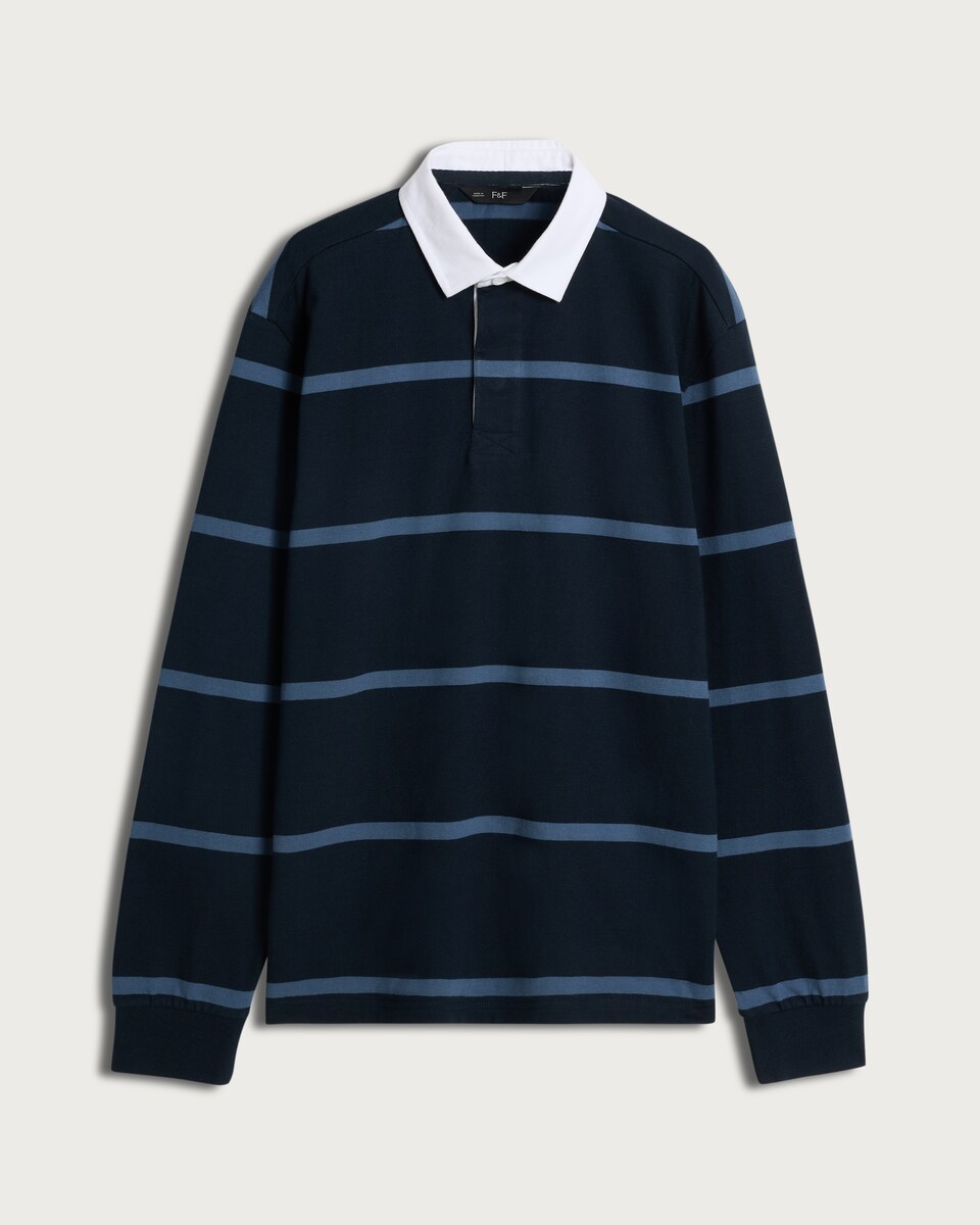 F&F Pure Cotton Stripe Print Long Sleeved Rugby Shirt in Navy