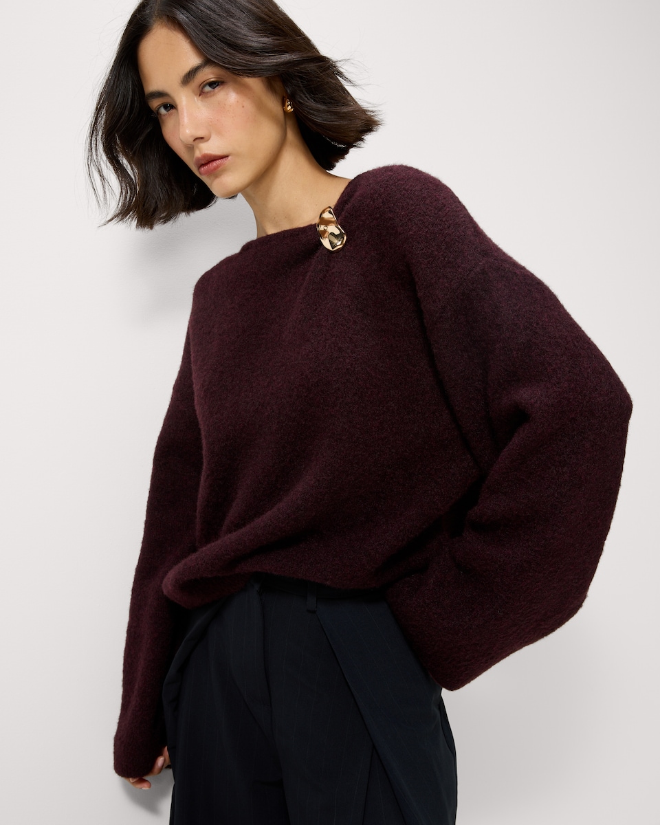 image 1 of F&F Brooch Knitted Jumper with Wool in Burgundy