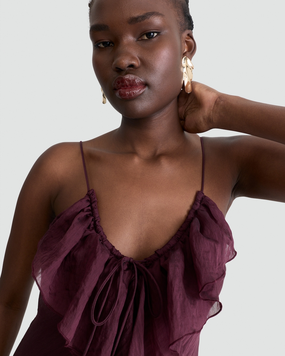 image 1 of F&F V Neck Ruffle Front Strappy Midi Dress in Burgundy
