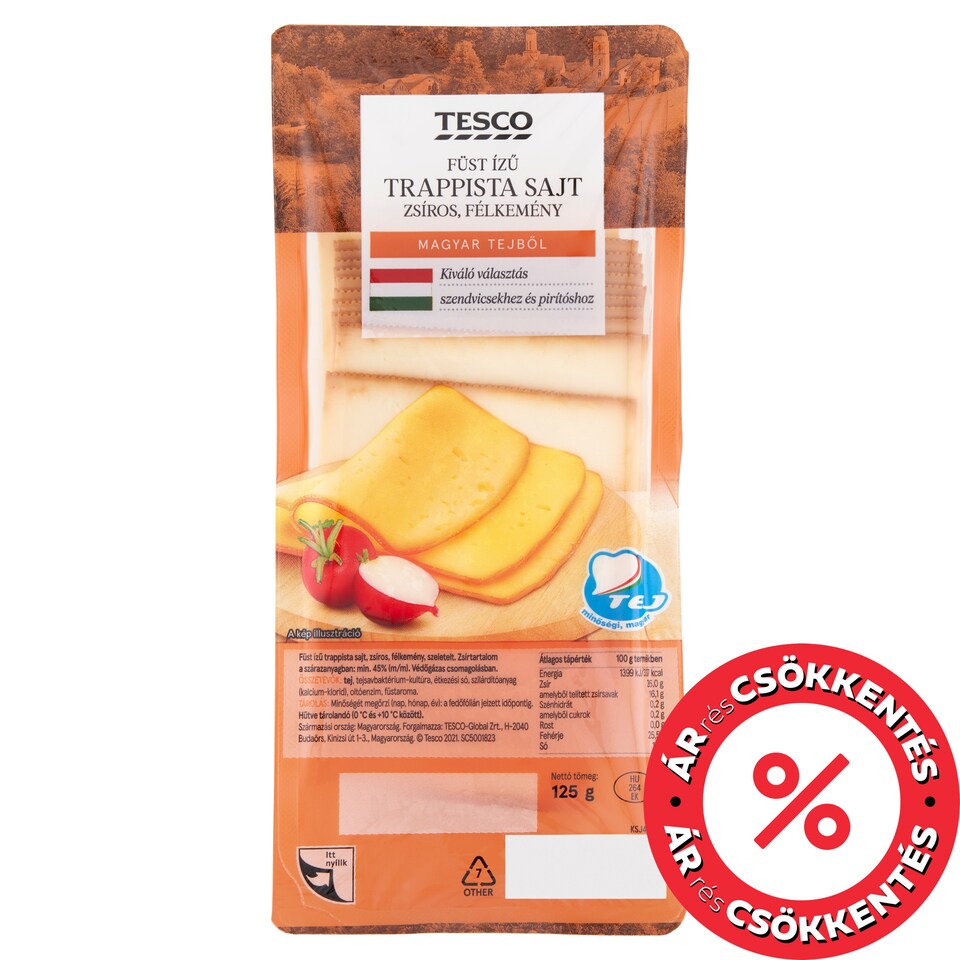 Tesco szeletelt, zsíros, félkemény, füst ízű trappista sajt 125 g