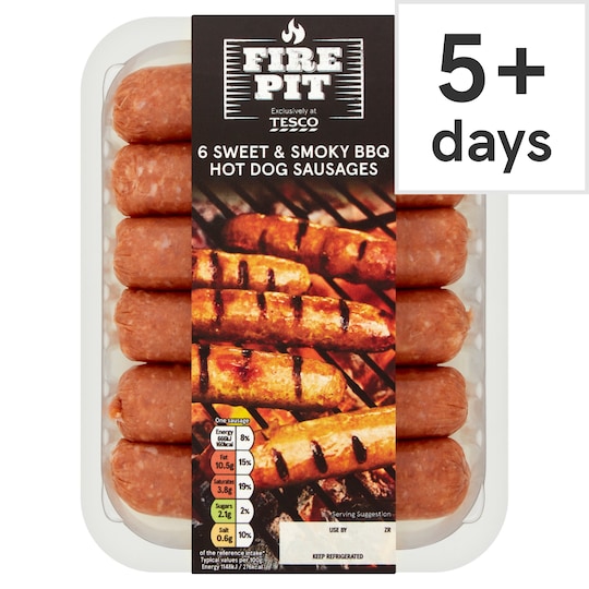 Tesco Firepit 6 Sweet & Smoky Bbq Hot Dog Sausages 480G Tesco Groceries