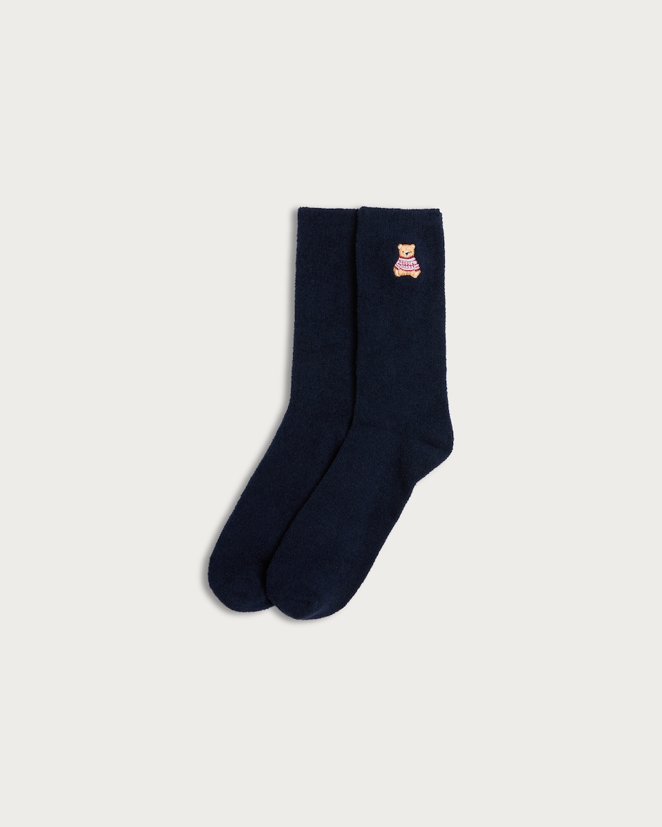 F&F Teddy Bear Embroidered Matching Family Christmas Cosy Socks in Navy