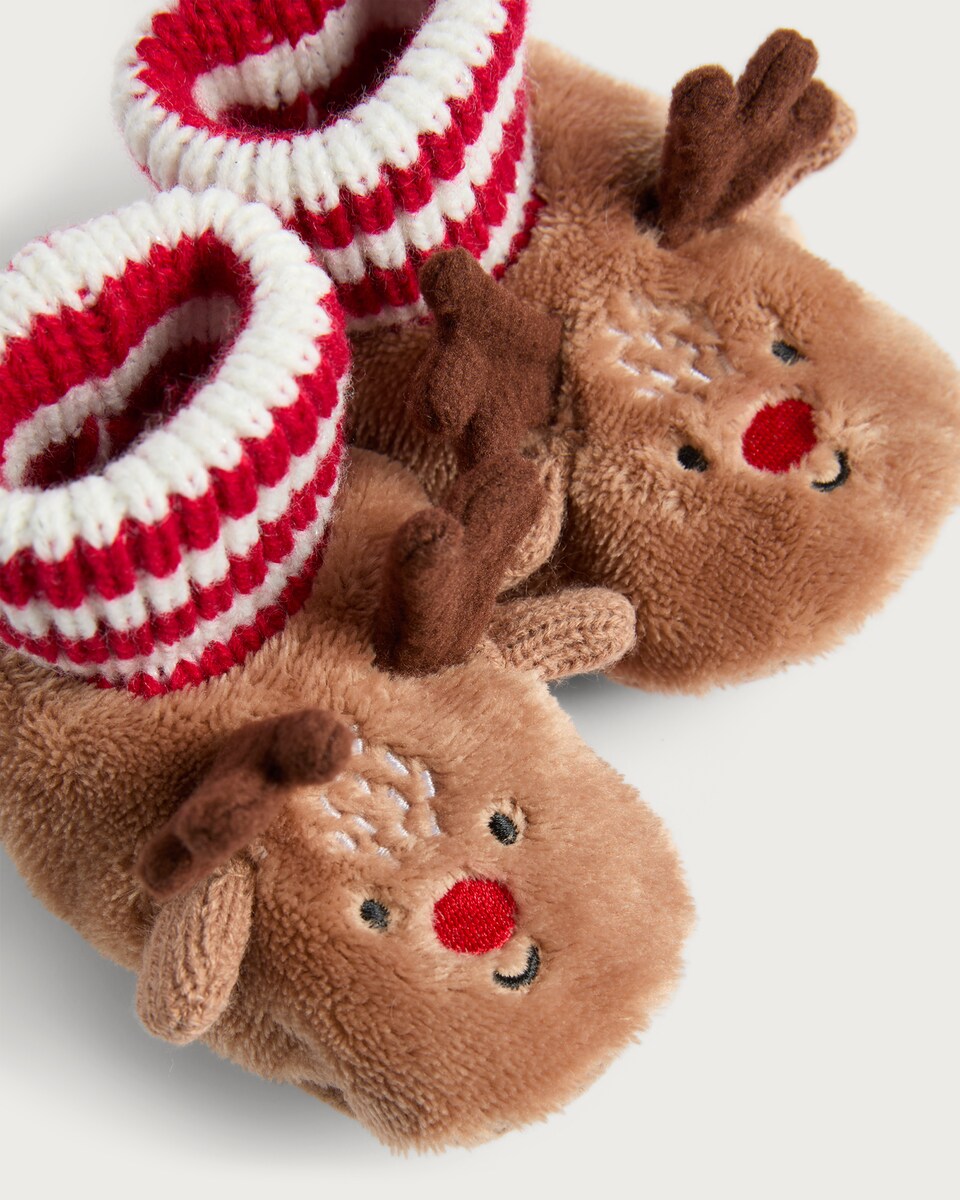 image 1 of F&F Baby Fleece Reindeer Ribbed Booties in Multi