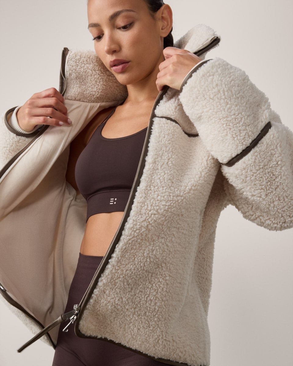image 1 of F&F Active OUTDOOR Borg Textured Zip Up Jacket in Cream