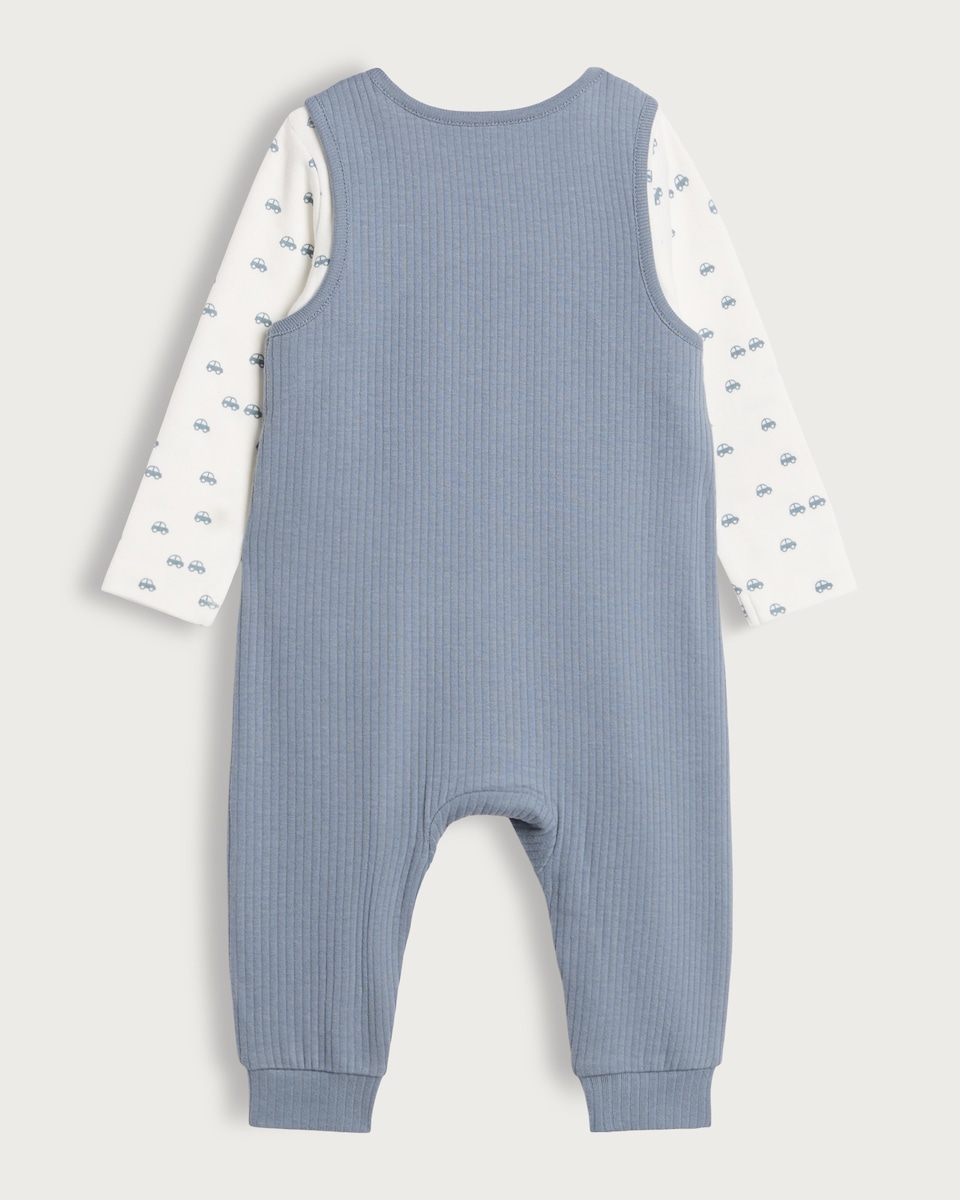 image 1 of F&F Baby Cotton Rich Car Print Bodysuit and Dungarees Set in Blue