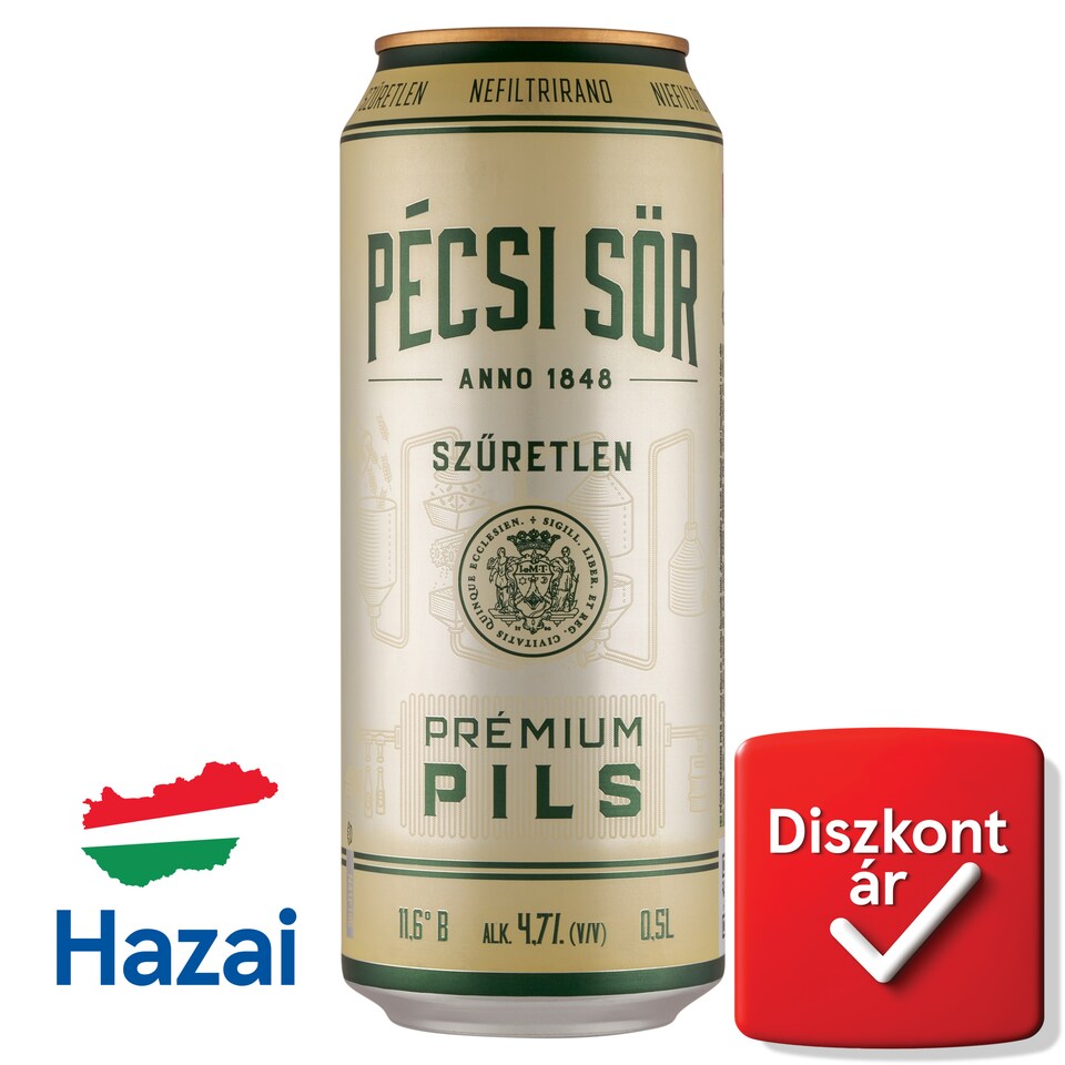 Pécsi Sör Prémium Pils szűretlen minőségi világos sör 4,7% 0,5 l  1. kép