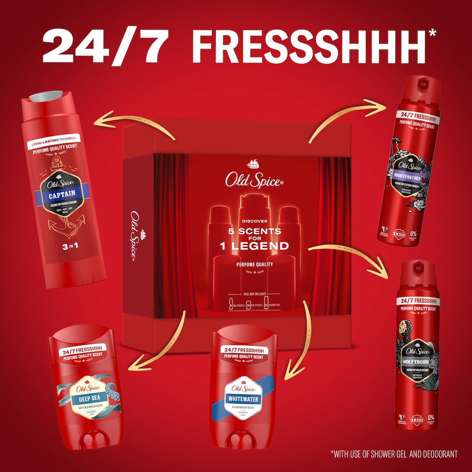 Obrázek 1 pro produkt Old Spice Discovery Box Dárková Sada S Tuhými Deodoranty, Spreji A Sprchovým Gelem