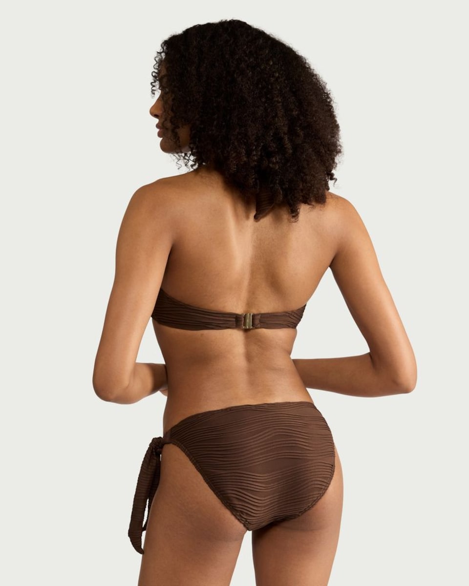 image 1 of F&F Textured Halter Neck Bead Detail Bikini Top in Brown