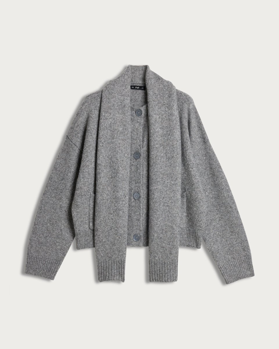 image 1 of F&F Knitted Scarf Collar Button Front Cardigan in Grey
