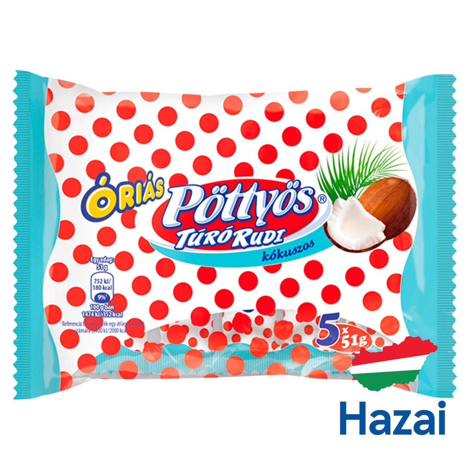 Pöttyös Óriás Túró Rudi desszertkészítmény kakaós tejbevonattal kókusszal 5 x 51 g (255 g)