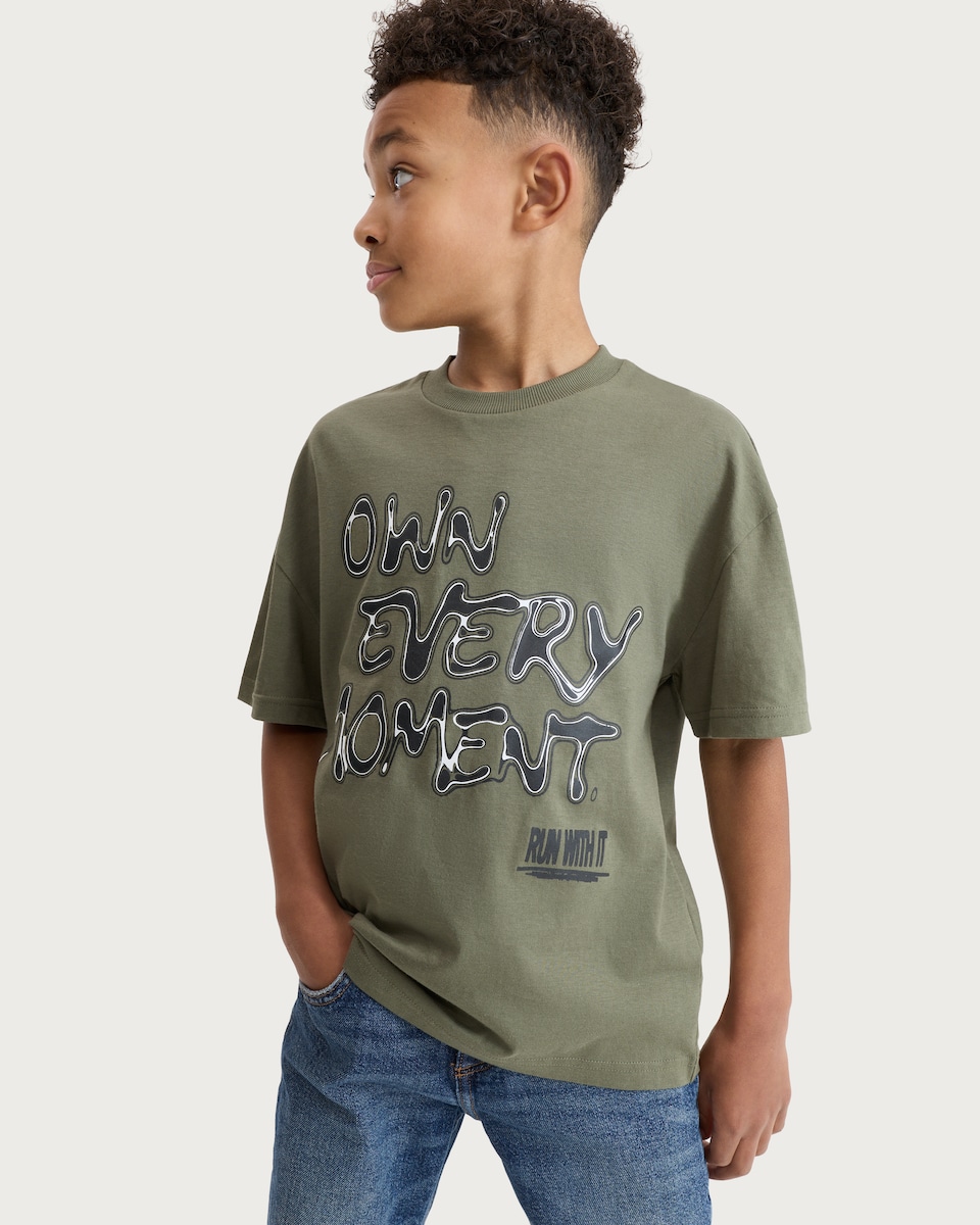 image 1 of F&F Boys Pure Cotton Printed Oversized Fit T-Shirt in Khaki