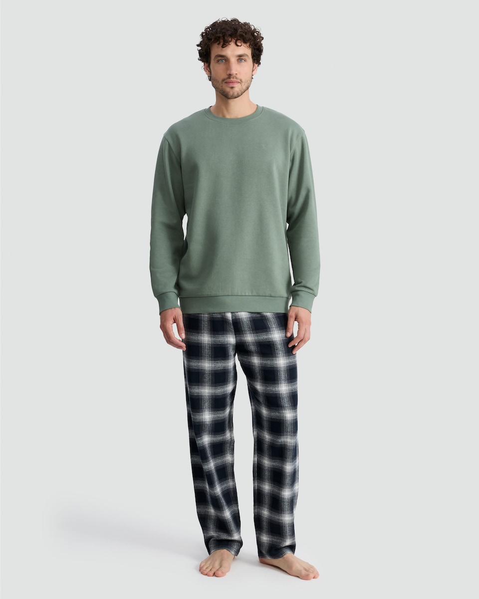 image 1 of F&F Cotton Rich Sweatshirt and Check Trousers Pyjamas Set in Khaki
