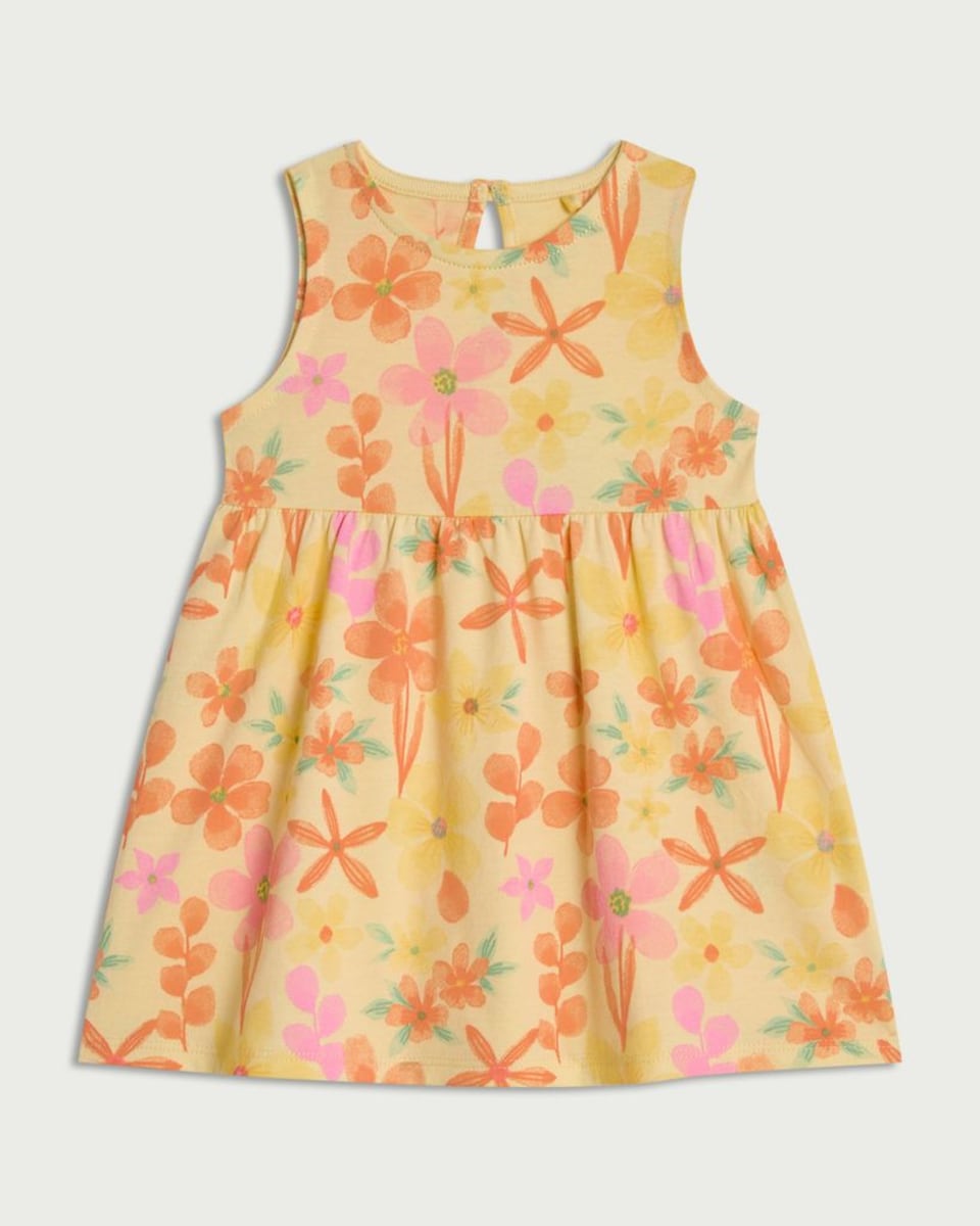 image 1 of F&F Baby Pure Cotton Floral Print Sleeveless Dress in Yellow
