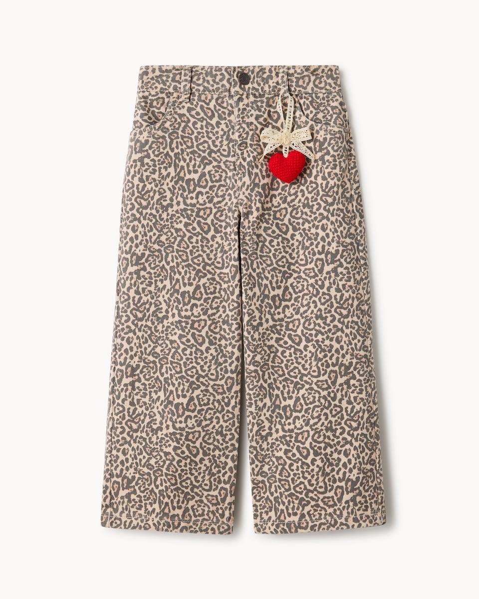 image 1 of F&F Girls Pure Cotton Leopard Print Wide Leg Jeans in Multi Brown