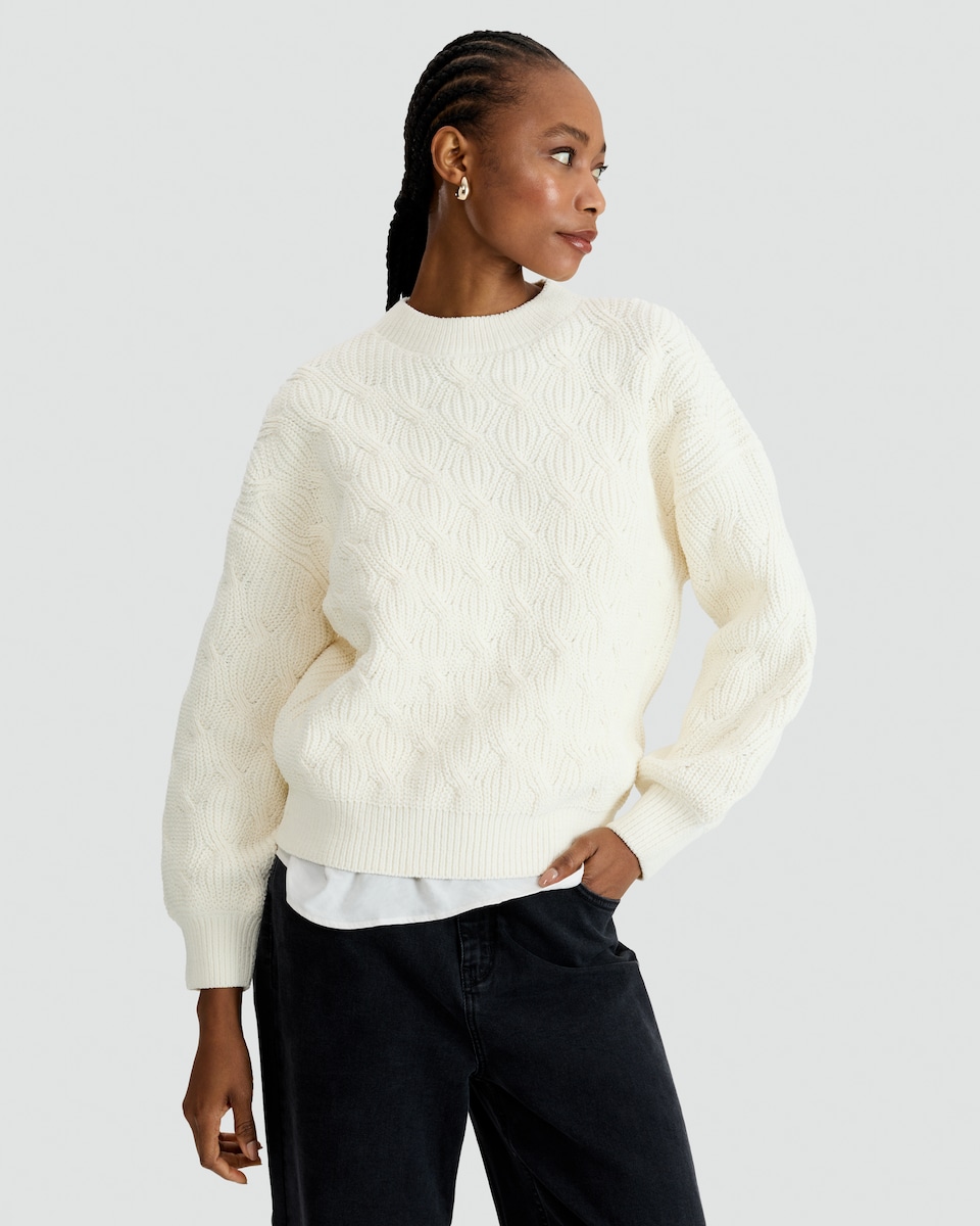 image 1 of F&F Chenille Textured Knitted Crew Neck Jumper in Cream