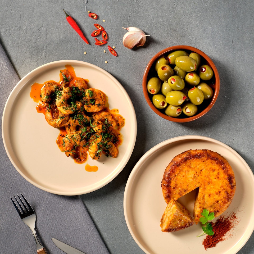 image 1 of Tesco Finest Double Stuffed Halkidiki Olives Red Pepper 160G