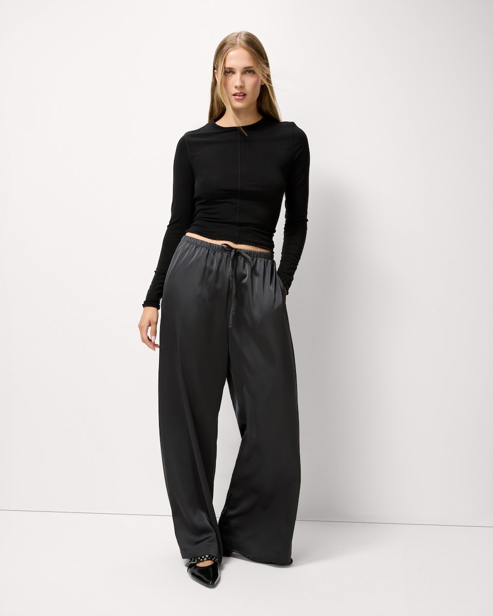 image 1 of F&F Lyocell Rich Long Sleeved Top in Black