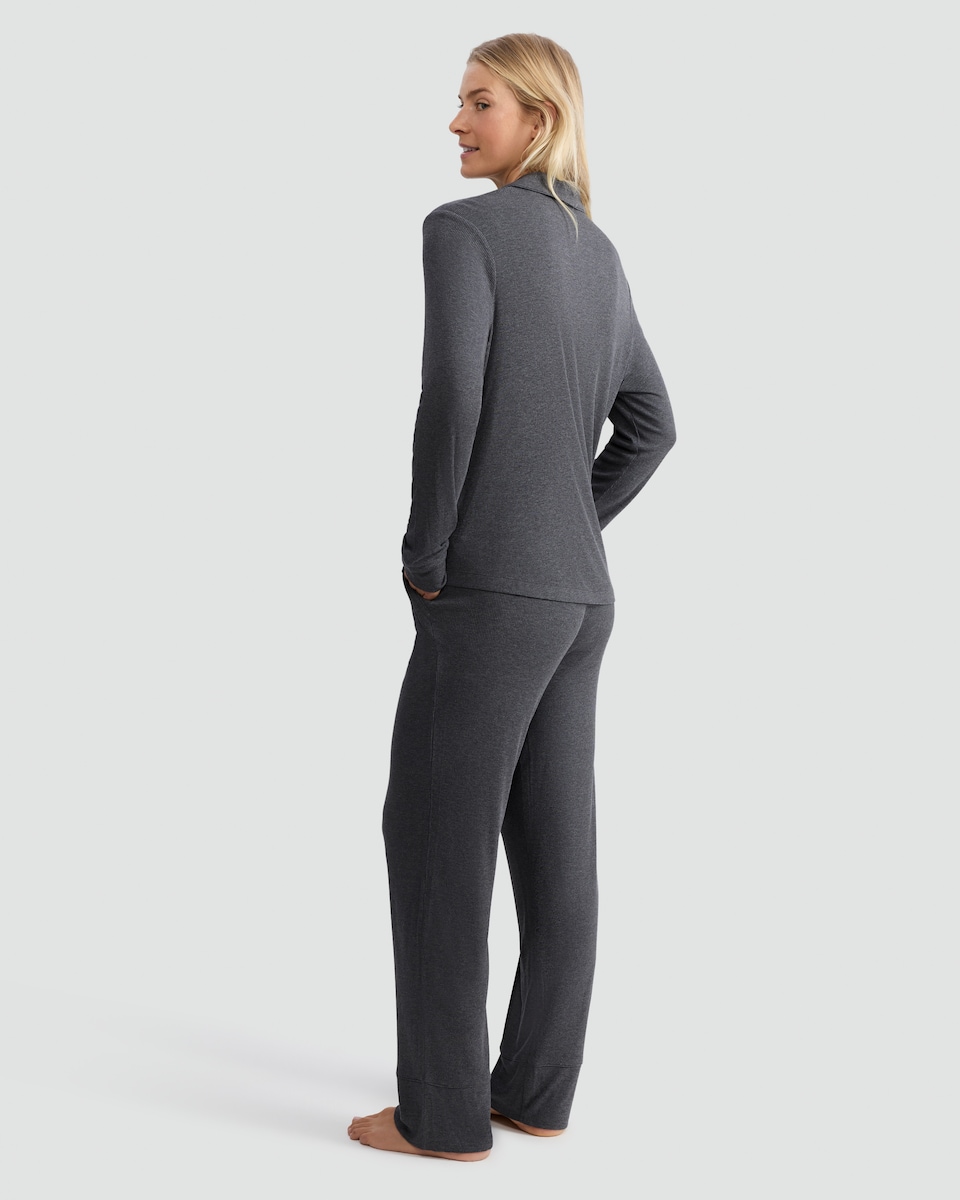 image 1 of F&F CoolEase™ Ribbed Wide Leg Button Up Revere Pyjama Set in Grey