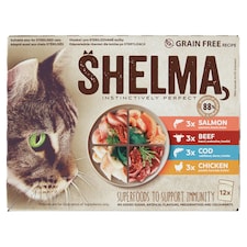 Shelma Dusené filetky bez obilia s kuracinou, hovädzinou, lososom a treskou 12 x 85 g