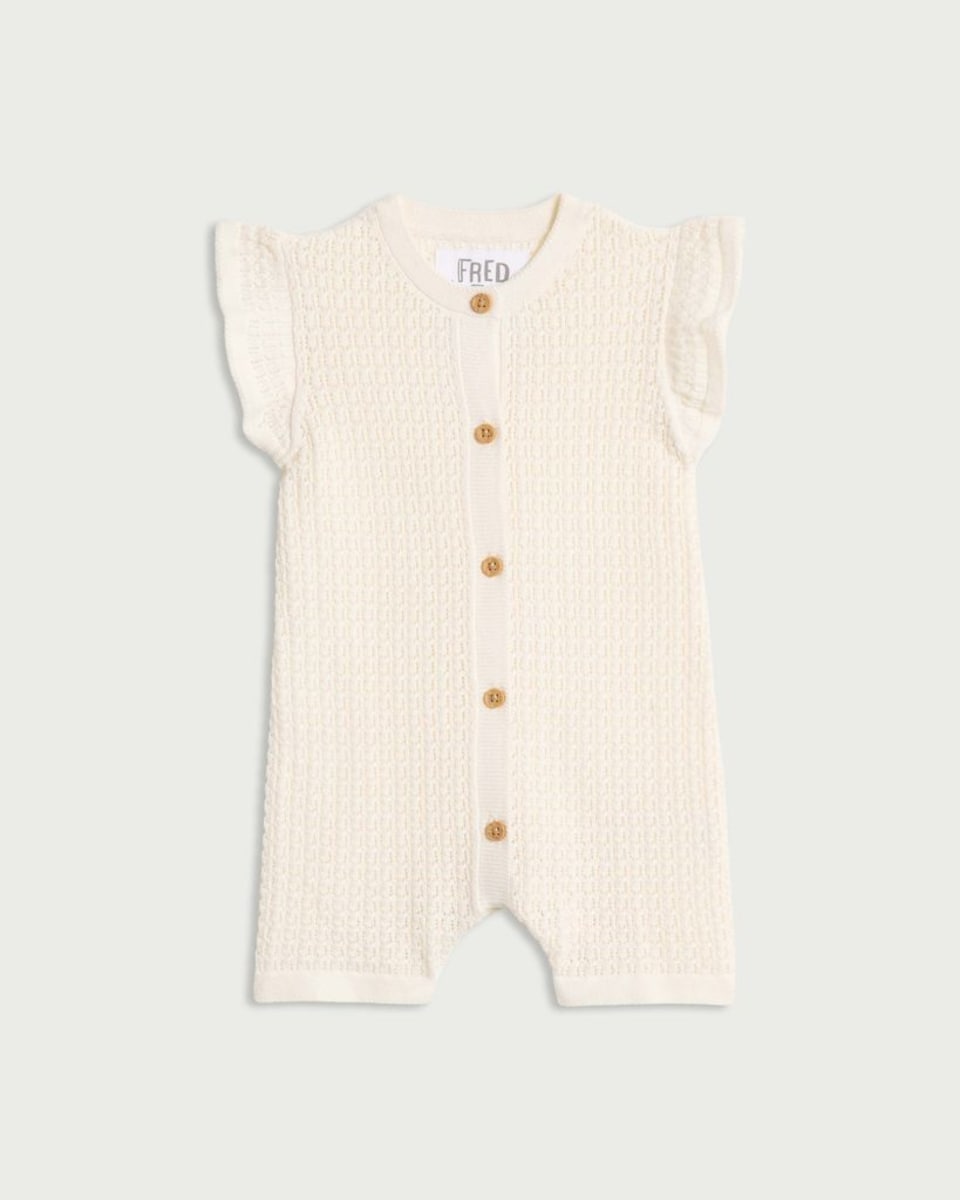 image 1 of F&F Baby Pure Cotton Knitted Frill Sleeved Romper in White