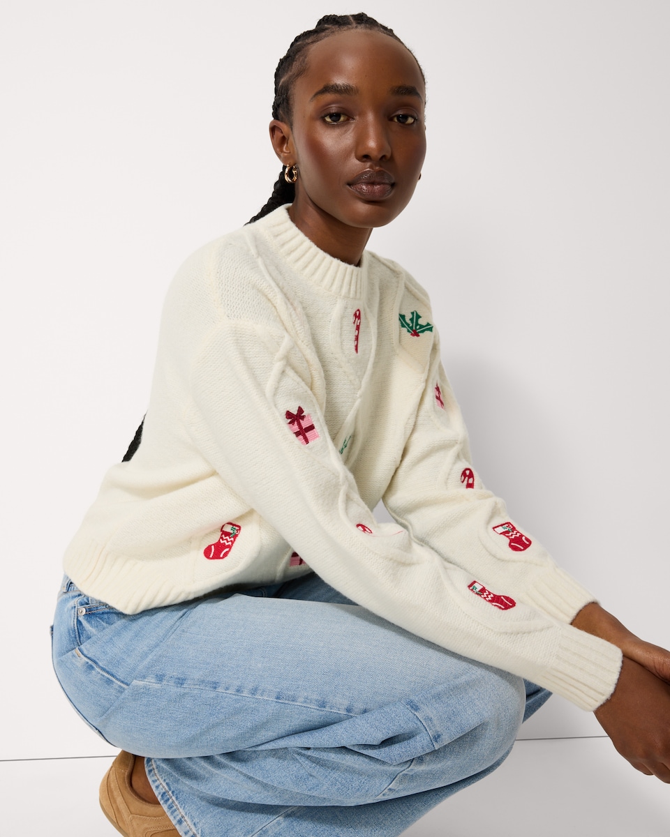 image 1 of Christmas Cable Knit Embroidered Jumper in Cream