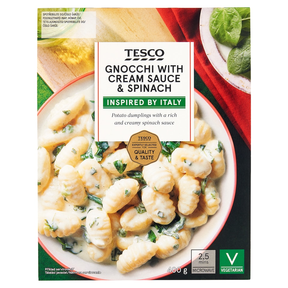 Tesco Zemiakové halušky varené v pare so smotanovou omáčkou a špenátom 400 g