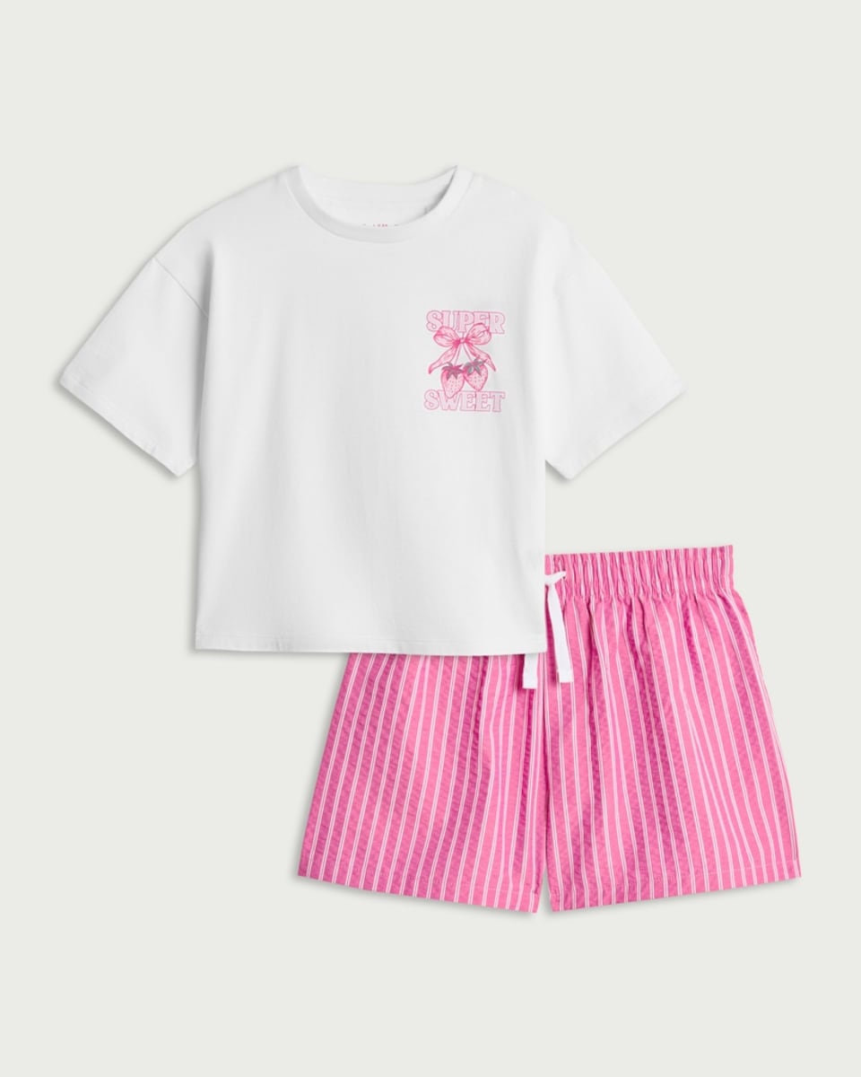image 1 of F&F Girls 2-Piece Strawberry Print T-Shirt and Striped Shorts Set in Multi Pink