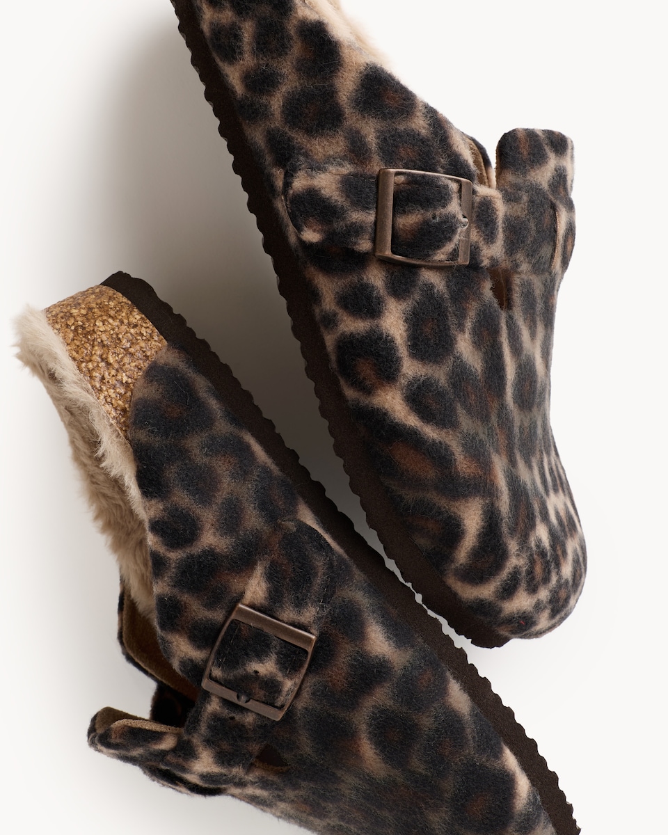 image 1 of F&F Faux Fur Lined Leopard Print Footbed Slippers in Brown