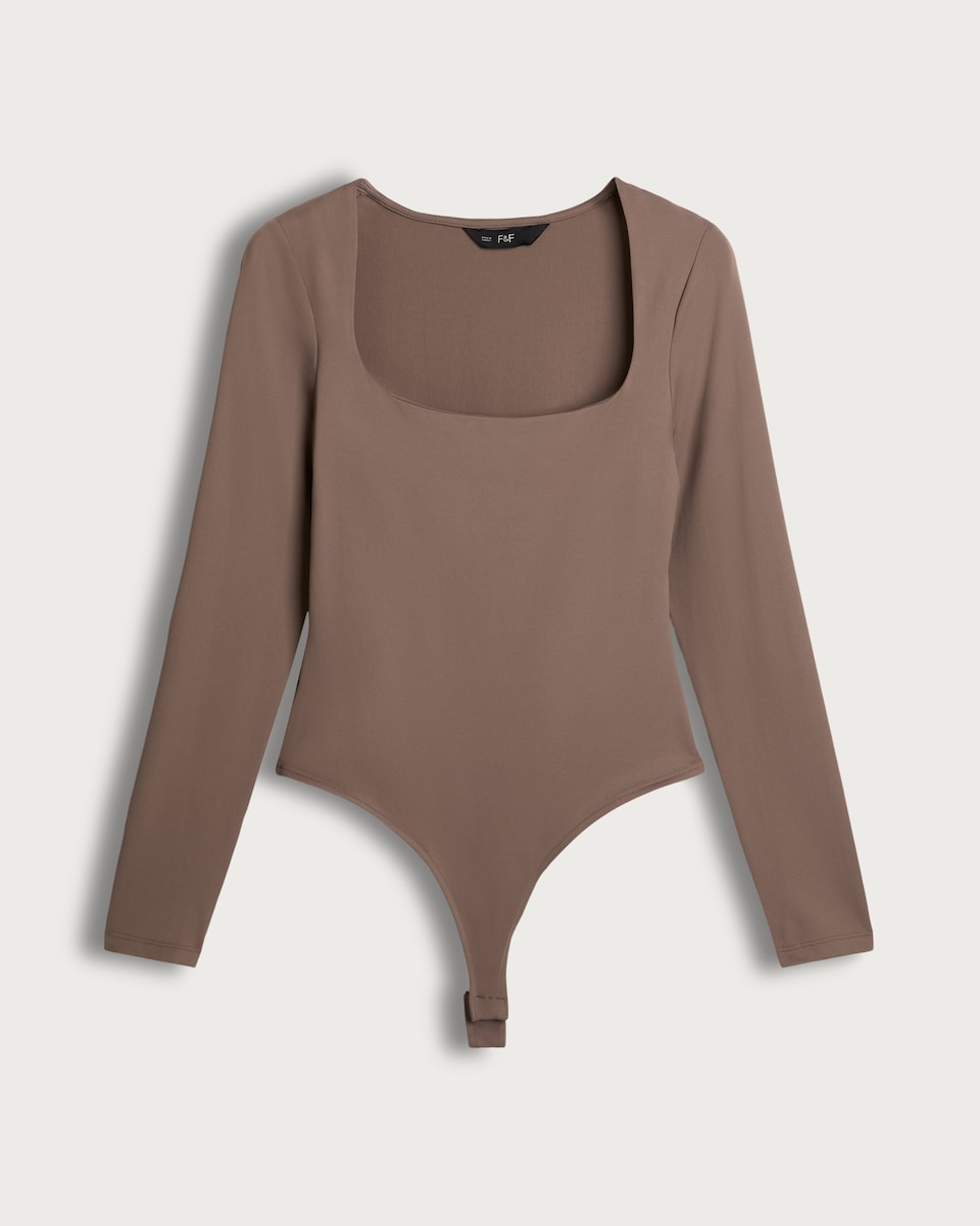 F&F Polyamide Square Neck Long Sleeved Bodysuit in Tan